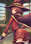  ^_^ ass bandaged_leg bandages belt black_legwear blonde_hair brown_hair cape closed_eyes crow_aberdeen hat highres kono_subarashii_sekai_ni_shukufuku_wo! luna_(konosuba) megumin multiple_girls red_eyes single_thighhigh smile staff thighhighs witch_hat 