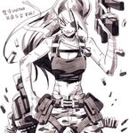  arm_wrap belt belt_pouch breasts camouflage camouflage_pants casing_ejection character_name chinese cigarette cleavage cowboy_shot crop_top dog_tags eyepatch facepaint fang_out gatling_gun gills gokudou gun head_fins large_breasts midriff minigun monochrome monster_girl navel no_pupils pants parted_lips ponytail pouch scar shell_casing smile smoking solo strap submachine_gun tank_top translated undertale undyne weapon 