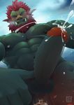  balls beard biceps blue_eyes cum cumshot erection eyes_closed facial_hair league_of_legends low-angle_view male monster mumu202 muscular not_furry nude orgasm penis pubes solo standing troll trundle tusks vein veiny_penis video_games 