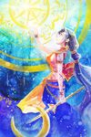  alternate_costume alternate_hair_color alternate_skin_color artist_name blue_eyes blue_hair bracelet breasts divine_soraka earrings highres jewelry league_of_legends long_hair looking_up medium_breasts mizoreame outstretched_hand ponytail profile sideboob solo soraka tattoo traditional_media very_long_hair watercolor_(medium) 