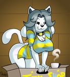  2016 absurd_res anthro big_breasts black_eyes black_hair bottomless box breasts canine chest_tuft clothed clothing collar cup drako1997 feline female hair hi_res long_hair mammal shirt smile solo striped_shirt temmie_(undertale) tuft undertale video_games 