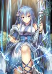  blue_eyes blue_hair bracelet detached_sleeves dress duel_monster eria eyebrows_visible_through_hair frilled_dress frills hair_ornament highres jewelry leg_up long_hair luzi nontraditional_miko obi reaching_out ribbon ring runes sash skirt solo staff water yuu-gi-ou 