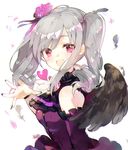  :d atsumi_jun bare_shoulders black_wings drill_hair flower from_side gothic_lolita hair_flower hair_ornament idolmaster idolmaster_cinderella_girls kanzaki_ranko lolita_fashion long_sleeves looking_at_viewer open_mouth outstretched_hand red_eyes rosenburg_engel silver_hair smile solo twin_drills twintails wings 