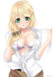  absurdres artist_name belt blonde_hair blush bow bra breasts buckle cleavage collarbone dress_shirt ellen_baker green_eyes hair_bow hair_in_mouth highres lace lace-trimmed_bra large_breasts long_hair new_horizon open_clothes open_shirt shiny shiny_skin shirt skirt solo tkb4sz unbuttoned underwear 