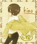 1girl androgynous artist_request kino kino_no_tabi long_coat pouch_bag short_hair solo tagme 