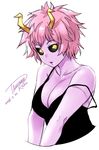  2016 artist_name ashido_mina black_sclera boku_no_hero_academia breasts cleavage collarbone dated highres horns large_breasts looking_to_the_side pink_hair pink_skin puckered_lips short_hair signature solo strap_slip tachibana_roku upper_body v_arms yellow_eyes 