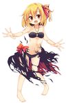  :d bare_shoulders barefoot bikini black_bikini black_skirt blonde_hair collarbone darkness fang full_body hair_ribbon halterneck highres looking_at_viewer maturiuta_sorato navel open_mouth orange_eyes outstretched_arms red_ribbon ribbon rumia short_hair simple_background skirt smile solo swimsuit touhou white_background 