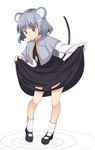  animal_ears blush capelet dress dress_lift full_body grey_eyes grey_hair jewelry jpeg_artifacts long_sleeves looking_down mary_janes mouse_ears mouse_tail nazrin necklace oimo_(imoyoukan) shoes short_hair simple_background socks solo tail touhou white_background white_legwear 