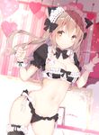  absurdres animal_ears ass_visible_through_thighs badge black_legwear bow bowtie breasts button_badge cat_ears cleavage contrapposto cowboy_shot detached_collar garters glint gloves hair_bow heart highres kabako_(lilypicture410v) light_brown_eyes light_brown_hair long_hair maid_bikini maid_headdress medium_breasts midriff navel original puffy_short_sleeves puffy_sleeves short_sleeves single_thighhigh smile solo standing thighhighs tray white_gloves wrist_cuffs 