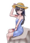  artist_name bare_shoulders bespectacled between_legs black_hair bow burn_scar collarbone dorei_to_no_seikatsu_~teaching_feeling~ dress floral_print glasses grey_eyes hair_bow hair_ornament hairclip hand_between_legs hand_on_headwear hat long_hair looking_at_viewer scar signature simple_background sitting smile solo spaghetti_strap sret sun_hat sundress sylvie_(dorei_to_no_seikatsu) white_background 