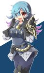  alternate_costume alternate_hairstyle blue_hair blush fire_emblem fire_emblem_if gloves hair_over_one_eye long_hair momosemocha multicolored_hair open_mouth pieri_(fire_emblem_if) pink_hair red_eyes solo two-tone_hair 