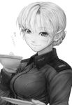  braid breasts commentary cup darjeeling eyebrows eyebrows_visible_through_hair girls_und_panzer greyscale imizu_(nitro_unknown) looking_at_viewer medium_breasts military military_uniform monochrome saucer short_hair smile solo st._gloriana's_military_uniform teacup tied_hair translated uniform 