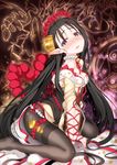  arm_support bell black_hair black_legwear blush breasts char cleavage comb dress long_hair looking_at_viewer medium_breasts original pantyhose pointy_ears purple_eyes rope sitting solo tears thighband_pantyhose wariza 