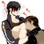  2boys abs blush eyepatch gloves male_focus multiple_boys muscle nipple pecs shirt_life sweat touken_ranbu undressing yaoi 