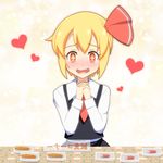  1girl blonde_hair blush cato_(monocatienus) drooling food hair_ornament hair_ribbon hands_clasped heart mirror_writing open_mouth own_hands_together red_eyes ribbon rumia short_hair smile solo sparkling_eyes tiles touhou translated 
