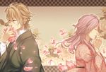  1girl botan_(donten_ni_warau) brown_eyes brown_hair closed_eyes donten_ni_warau flower hirari_(donten_ni_warau) long_hair mizuki_hau peony_(flower) petals pink_hair short_hair 