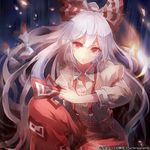  60mai bow fujiwara_no_mokou hair_bow hair_ribbon juliet_sleeves long_hair long_sleeves looking_at_viewer pants puffy_sleeves red_eyes ribbon shirt silver_hair smile solo spell_card suspenders touhou tress_ribbon very_long_hair 