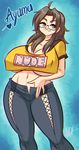  agawa_ryou breasts brown_eyes brown_hair glasses groin huge_breasts looking_at_viewer navel ooo_ayumu original signature smile solo thick_thighs thighs underboob 