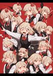  bandaid bangs black_skirt blonde_hair blush carbonara_hontyotyo character_sheet closed_eyes grin hair_ribbon long_sleeves looking_at_viewer multiple_views necktie open_mouth outstretched_arms protected_link red_background red_eyes red_neckwear ribbon rumia sharp_teeth short_hair simple_background skirt skirt_set smile teeth touhou upper_body vest 