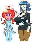  2girls animated animated_gif blue_hair blush breasts brown_hair cleavage glasses helmet large_breasts looking_at_viewer luluco luluco_(cosplay) matsu-sensei multiple_girls original secretary_(uchuu_patrol_luluco) secretary_(uchuu_patrol_luluco)_(cosplay) spacesuit thigh_gap uchuu_patrol_luluco 