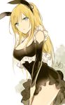  2016 :o animal_ears bad_id bad_tumblr_id bare_legs bare_shoulders black_dress blonde_hair blue_eyes blush breasts bunny_ears bunny_tail cleavage collarbone colored_eyelashes copyright_request cowboy_shot dated detached_sleeves dress hair_ornament hair_scrunchie hand_on_thigh large_breasts long_hair long_sleeves looking_at_viewer lpip parted_lips scrunchie sketch sleeveless sleeveless_dress solo standing tail thighs 