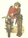  1girl androgynous artist_request hermes holster kino kino_no_tabi motorcycle official_art pouches scan short_hair simple_background sleeping_bag solo suitcase tagme vehicle white_background 