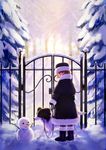  boots brown_eyes brown_hair coat dog fence gloves hat highres leash original romiy short_hair smile snow snowman solo tree 