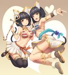  :d :o \n/ animal_ears ankh anklet armlet armpits bangs bikini bikini_top black_legwear blue_ribbon blunt_bangs blush bob_cut boots bow breasts bridal_gauntlets brown_background cat_ears cat_tail circlet cleavage coin_purse cross-laced_legwear egyptian_clothes eyebrows eyebrows_visible_through_hair full_body fur_trim gem hair_ornament halterneck heart holding jewelry looking_at_viewer makeup medium_breasts midriff multiple_girls navel necklace open_mouth orange_bow orange_ribbon original outstretched_arm pendant pleated_skirt ribbon ring sasaame scepter side-tie_skirt skirt smile stomach striped striped_bikini swimsuit tail thigh_boots thighhighs underboob upskirt white_skirt wristband yellow_eyes 