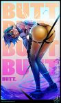 ass bent_over black_border blue_hair bodysuit bomber_jacket border catcouch english goggles grin hands_on_own_knees jacket legs looking_at_viewer looking_back orange_bodysuit overwatch pants short_hair signature skin_tight smile solo strap thighs tight tight_pants tracer_(overwatch) watermark web_address 