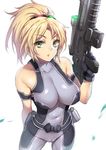  bare_shoulders blonde_hair blush bodysuit breasts cameltoe covered_navel fuya_(tempupupu) green_eyes gun large_breasts looking_at_viewer nova_(starcraft) ponytail rifle simple_background skin_tight solo starcraft weapon white_background 