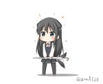  1girl animal_ears asashio_(kantai_collection) black_hair black_legwear chibi closed_umbrella commentary_request disconnected_mouth dog_ears dog_tail dress full_body goma_(yoku_yatta_hou_jane) kantai_collection kemonomimi_mode long_hair long_sleeves neck_ribbon pinafore_dress red_ribbon remodel_(kantai_collection) ribbon simple_background smile solo standing tail tail_wagging thighhighs twitter_username umbrella white_background white_umbrella 