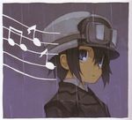  1girl androgynous artist_request black_eyes black_hair brimmed_hat fur goggles hat kino kino_no_tabi musical_notes official_art raining scan short_hair solo tagme 