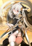  ass blush char from_behind hair_ornament long_hair looking_at_viewer looking_back original red_eyes silver_hair solo thighhighs tonfa twintails weapon white_legwear 