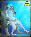 balls barefoot blue_hair canine captainzepto claws clothing dragon facial_hair feronix forced fox gloves glowing hair hand_on_mouth handjob hazmat interspecies male male/male mammal mustache nude penis radiation scalie tagme wig 