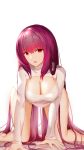 1girl absurdres all_fours breasts cleavage commentary_request erect_nipples eyebrows_visible_through_hair fate/grand_order fate_(series) hair_intakes higandgk highres large_breasts long_hair long_sleeves looking_at_viewer meme_attire open-chest_sweater open_mouth pole_dance purple_hair red_eyes scathach_(fate)_(all) scathach_(fate/grand_order) simple_background sweater very_long_hair white_background 