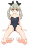  anchovy bare_legs barefoot competition_school_swimsuit drill_hair egooo feet girls_und_panzer green_hair hair_ribbon long_hair looking_at_viewer one-piece_swimsuit red_eyes ribbon school_swimsuit sitting soles solo swimsuit toes twin_drills twintails 