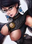  1girl amulet ass bayonetta bayonetta_(character) bayonetta_2 black_hair blue_eyes breasts breasts_outside capelet close-up dandon_fuga earrings glasses jewelry lips lipstick looking_at_viewer makeup mole mole_under_mouth nipples nose portrait short_hair solo upper_body 