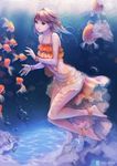  air_bubble ankle_cuffs anklet bare_shoulders barefoot bikini black_eyes braid brown_hair bubble chaang collarbone fish freediving frilled_bikini frills highres holding_breath jewelry legs lips long_legs navel short_hair single_braid skirt smile solo swimsuit underwater wrist_cuffs 