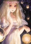  bare_shoulders blonde_hair dress headdress highres long_hair looking_at_viewer original parted_lips purple_eyes romiy solo 