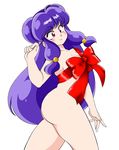  :3 absurdres ass bell blue_hair blush bow breasts cowboy_shot eyebrows eyebrows_visible_through_hair from_side hair_ornament highres jingle_bell large_breasts long_hair looking_to_the_side naked_ribbon nude purple_eyes ranma_1/2 ribbon shampoo_(ranma_1/2) sidelocks simple_background smile solo suzusato_rinka unwrap_me_body_bow white_background 