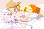  ahoge bare_shoulders bed blush breasts brown_hair cleavage closed_eyes dress hair_ornament holding_hands kiss long_hair lying medium_breasts moto_(pixiv409535) multiple_girls purple_eyes senki_zesshou_symphogear short_hair short_sleeves shorts silver_hair sweatdrop tachibana_hibiki_(symphogear) twintails yukine_chris yuri 