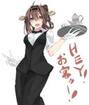  ahoge alternate_costume black_bow black_neckwear black_vest bow bowtie brown_hair commentary_request cup double_bun edogawa_nao gloves hairband highres kantai_collection kongou_(kantai_collection) light_brown_eyes solo teapot v vest 
