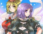  black_dress blonde_hair blue_sky breasts cloud dress gradient_hair hair_ornament hijiri_byakuren large_breasts layered_dress looking_at_viewer multicolored_hair multiple_girls petals puffy_short_sleeves puffy_sleeves purple_eyes purple_hair shawl short_hair short_sleeves sky toramaru_shou touhou umigarasu_(kitsune1963) upper_body white_dress yellow_eyes 