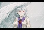  jacket kishin_sagume letterboxed long_sleeves looking_away rain red_eyes shirt short_hair sign_(jojo1408) silver_hair single_wing smile smirk solo touhou white_wings wing_umbrella wings 