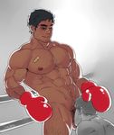  2boys abs bara body_hair boxing boxing_gloves boxing_ring hand_on_head male_focus multiple_boys muscle nude pecs saliva smirk yaoi 