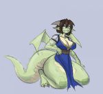  2017 anthro big_breasts big_thighs blush bottomless breasts brown_hair claws cleavage clothed clothing dragon female hair horn humanoid_to_anthro simple_background solo thatweirdguyjosh transformation 