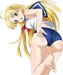  ahoge asia_argento ass barefoot blonde_hair buruma feet feet_up green_eyes high_school_dxd highres long_hair looking_at_viewer open_mouth soles solo toes transparent_background vector_trace 