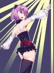  :d armpits ass back bare_shoulders black_legwear dashigarayama detached_sleeves fate/grand_order fate_(series) helena_blavatsky_(fate/grand_order) highres looking_at_viewer open_mouth purple_eyes purple_hair short_hair smile solo teeth thighhighs white_sleeves 