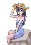  artist_name bare_shoulders bespectacled between_legs black_hair bow collarbone dorei_to_no_seikatsu_~teaching_feeling~ dress floral_print glasses grey_eyes hair_bow hair_ornament hairclip hand_between_legs hand_on_headwear hat long_hair looking_at_viewer no_scar signature simple_background sitting smile solo spaghetti_strap sret sun_hat sundress sylvie_(dorei_to_no_seikatsu) white_background 