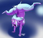  2016 anthro blue_eyes bow breasts butt caprine digitigrade female fur hair handstand hanging_breasts kindred_(lol) lamb_(lol) league_of_legends long_ears long_hair mammal mask nipples nude sheep solo spirit spread_legs spreading sqoon upside_down video_games white_fur 